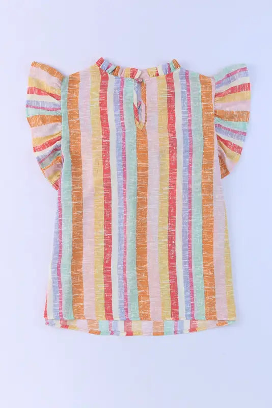 Multicolor striped color block ruffled o-neck sleeveless top - tank tops