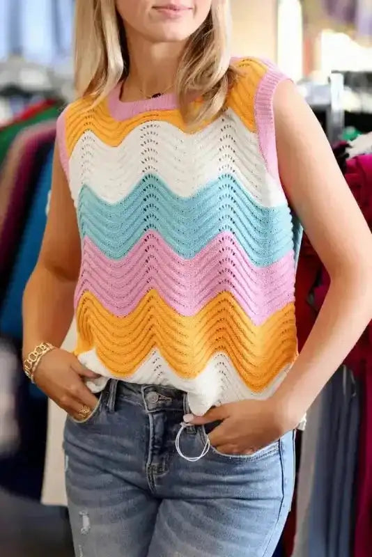 Striped Scalloped Hem Knitted Vest - Fashionfitz