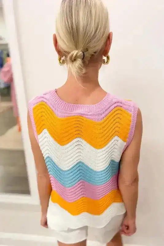Striped scalloped hem knitted vest back view — Fashionfitz UK