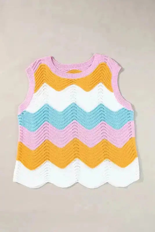 Striped Scalloped Hem Knitted Vest - Fashionfitz