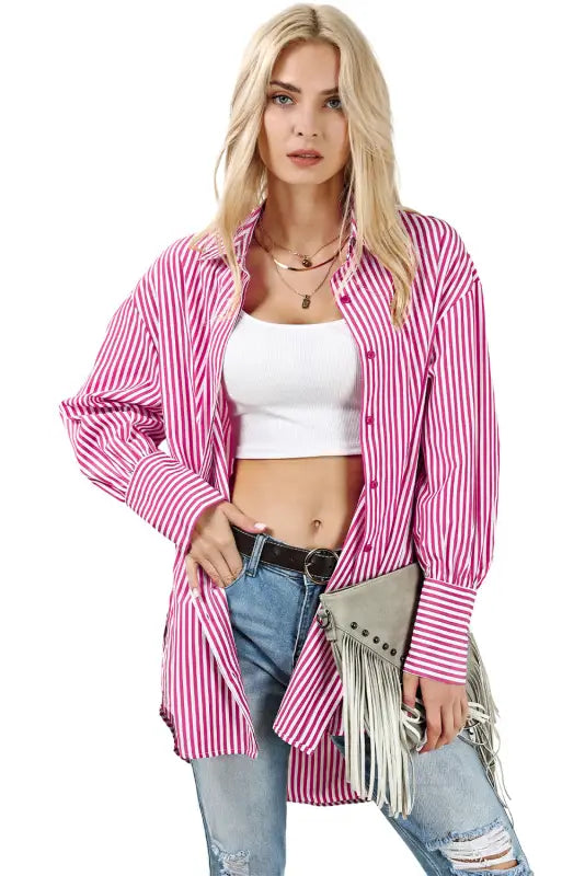 Striped bishop sleeve side slit long tail shirt - blouses & shirts