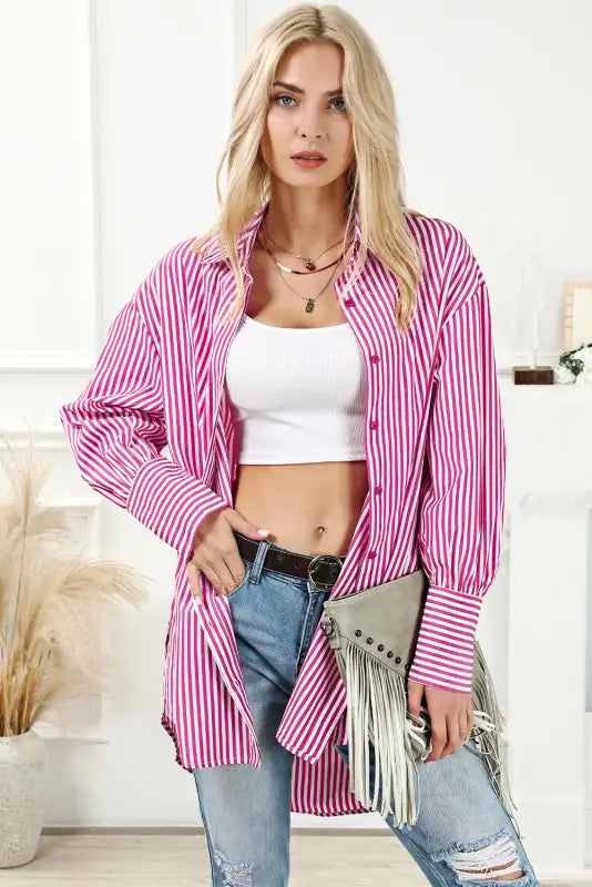 Striped bishop sleeve side slit long tail shirt - blouses & shirts