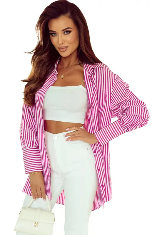 Striped bishop sleeve side slit long tail shirt - blouses & shirts