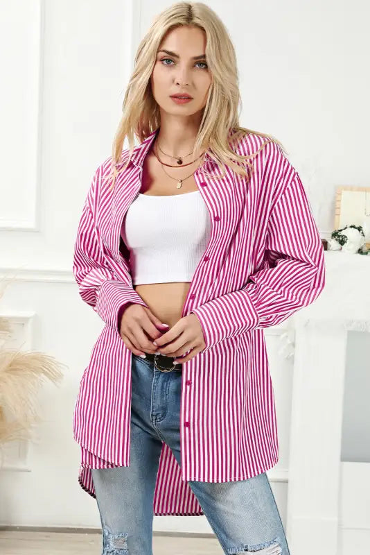 Striped bishop sleeve side slit long tail shirt - blouses & shirts