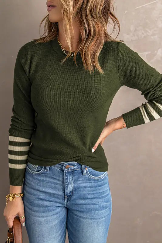 Rose striped sleeve plain knit sweater - & cardigans