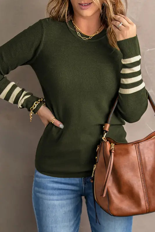 Rose striped sleeve plain knit sweater - & cardigans