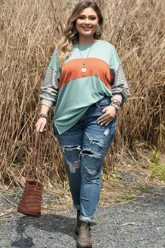 Striped Slouchy Tee - Green Plus Size - Fashionfitz
