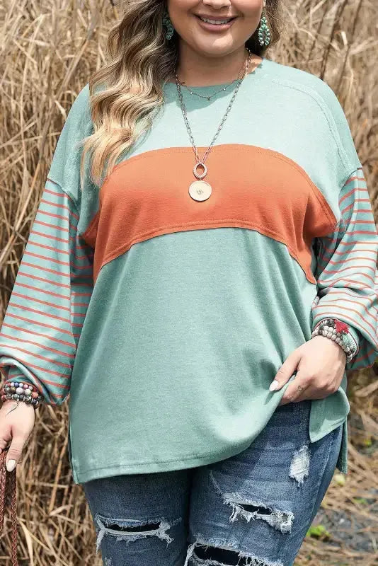Striped Slouchy Tee - Green Plus Size - Fashionfitz