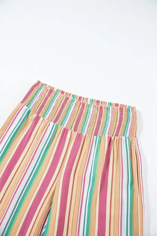 Striped smocked waist wide leg pants - bottoms