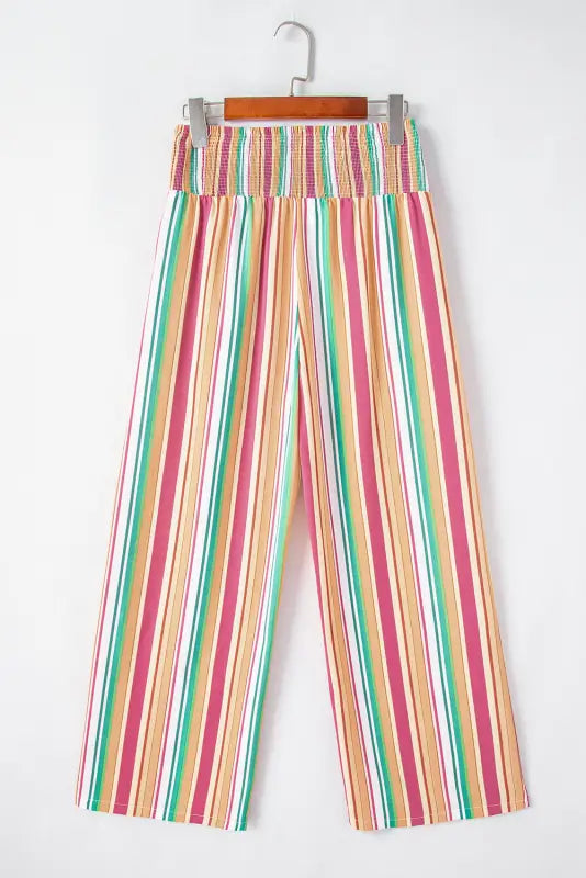 Striped smocked waist wide leg pants - bottoms