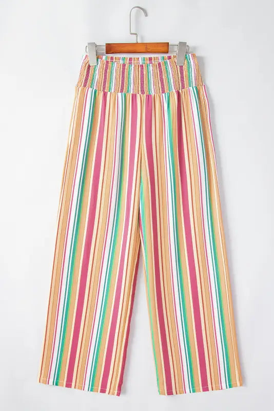 Striped smocked waist wide leg pants - bottoms