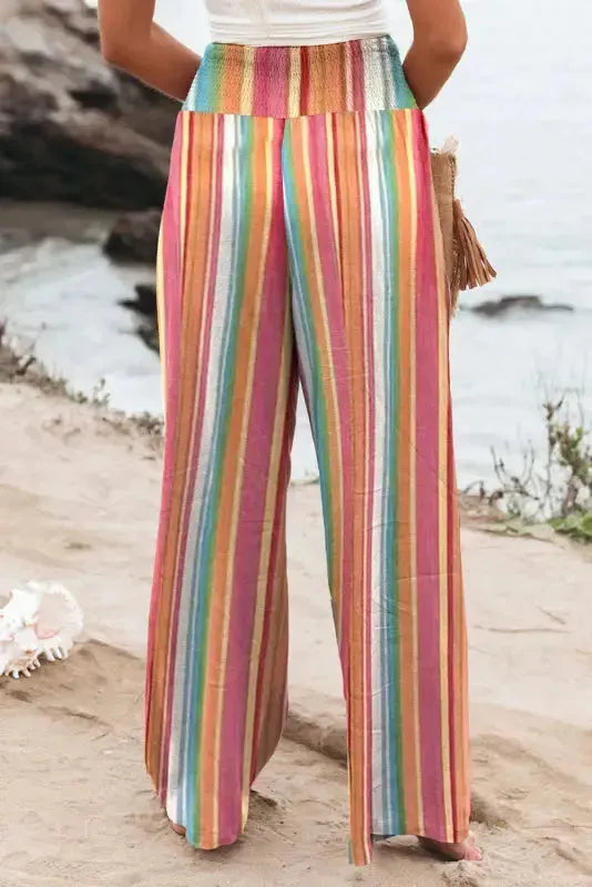 Striped Smocked Waist Wide Leg Pants - Fashionfitz