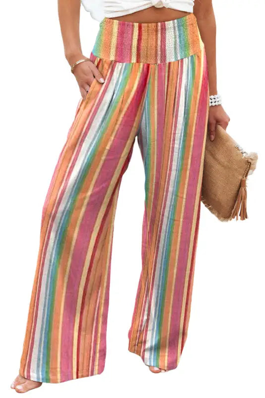 Striped smocked waist wide leg pants - bottoms