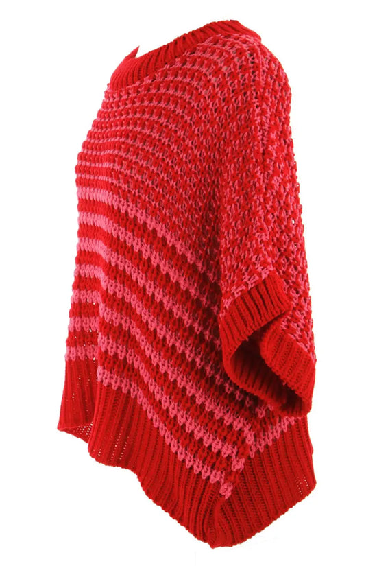 Side view of red and pink striped soft-knit slouchy jumper for women. Features loose fit and ribbed hem for a relaxed summer look.