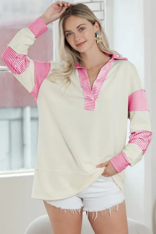 Striped split neck collared sweatshirt - sweatshirts