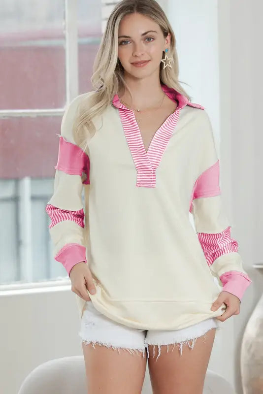 Striped split neck collared sweatshirt - sweatshirts