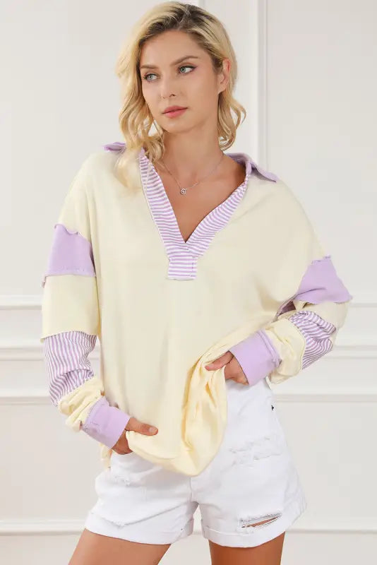 Striped split neck collared sweatshirt - sweatshirts