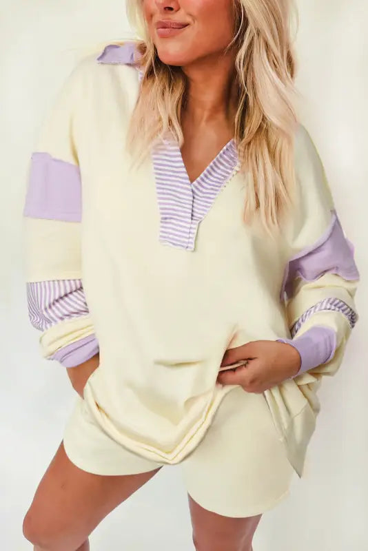 Striped split neck collared sweatshirt - sweatshirts