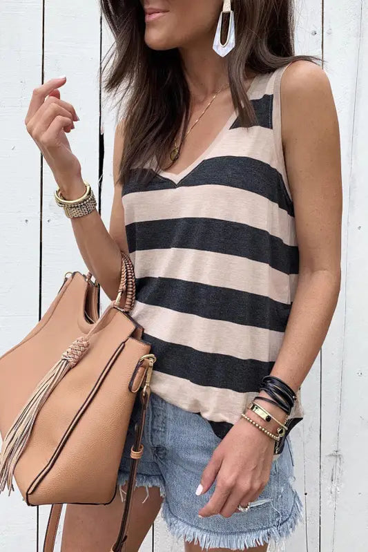 Striped v neck tank top - stripe / s / 95% polyester + 5% elastane - tops