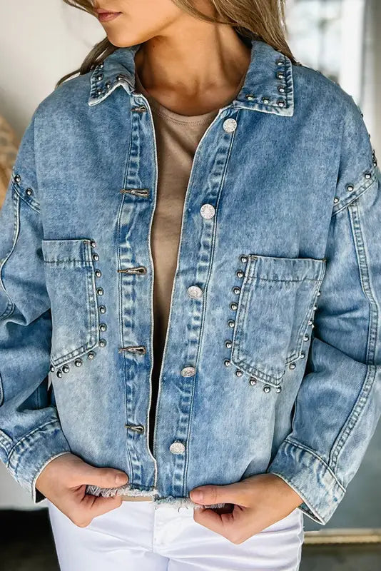 Sky blue studded acid wash denim jacket - s / 75% cotton + 12.7% polyester + 12.3% viscose - outerwear