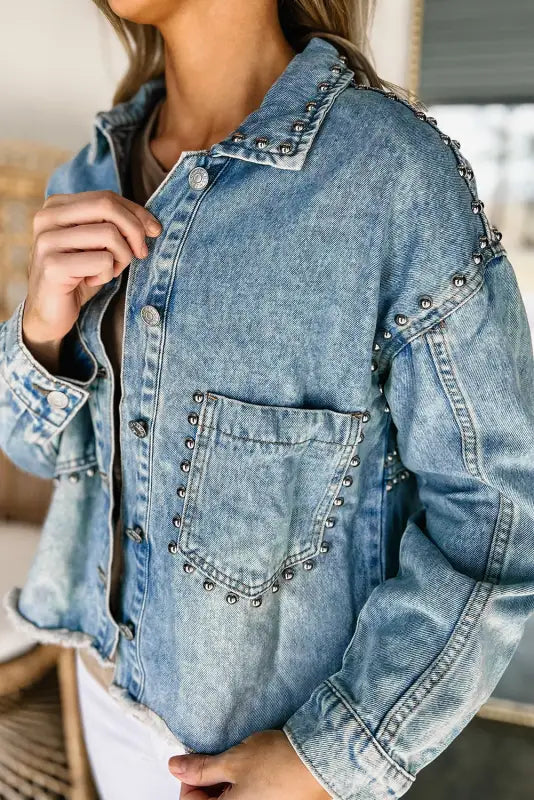 Sky blue studded acid wash denim jacket - outerwear