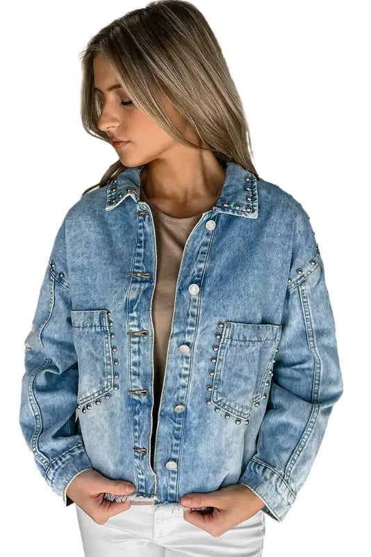 Sky blue studded acid wash denim jacket - outerwear