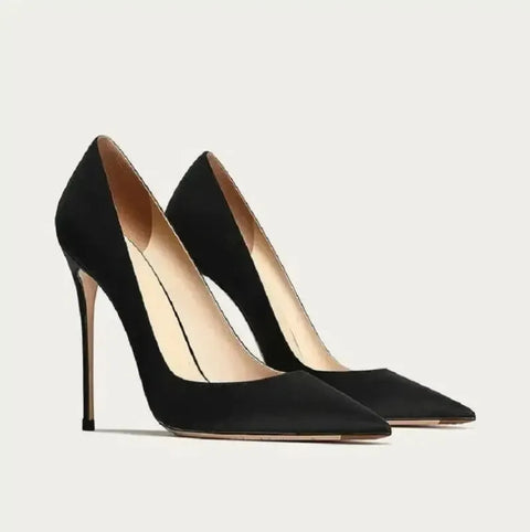 Black suede stiletto pumps front view showing luxe suede finish Fashionfitz UK