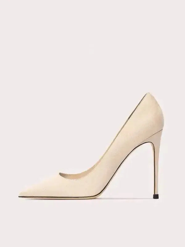 Close-up of suede upper and stiletto heel tip on black court pump Fashionfitz UK