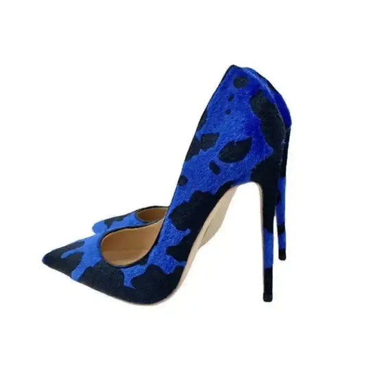 Blue‑Black Graffiti Suede Heels with pointed toe and stiletto heel in side profile. Bold design for women’s pumps at FashionFitz.