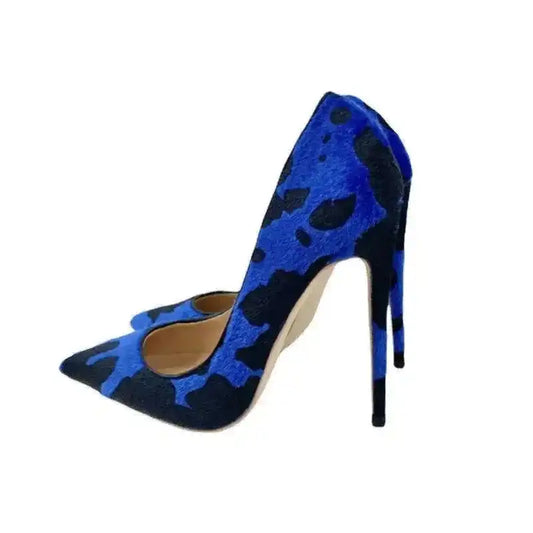 Blue‑Black Graffiti Suede Heels with pointed toe and stiletto heel in side profile. Bold design for women’s pumps at FashionFitz.