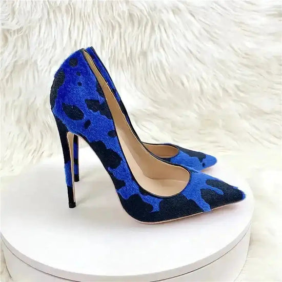 Blue‑Black Graffiti Suede Heels displayed on white platform with textured background. High stiletto pumps from FashionFitz collection.