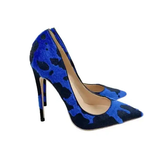 Side view of Blue‑Black Graffiti Suede Heels with bold blue and black suede design. Statement stiletto pumps from FashionFitz.