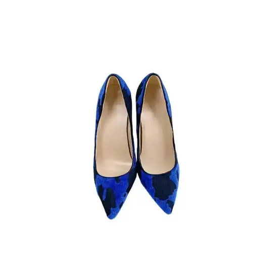 Top view of Blue‑Black Graffiti Suede Heels showing pointed toe and sleek inner lining. Stylish stiletto court shoes for women.
