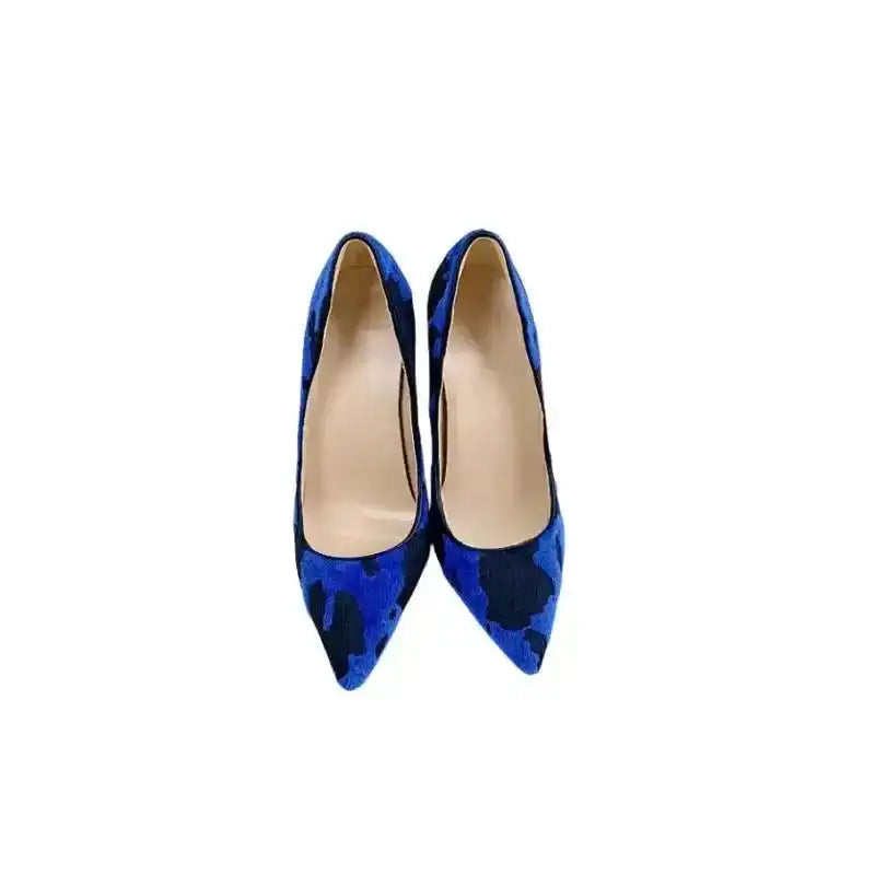 Top view of Blue‑Black Graffiti Suede Heels showing pointed toe and sleek inner lining. Stylish stiletto court shoes for women.