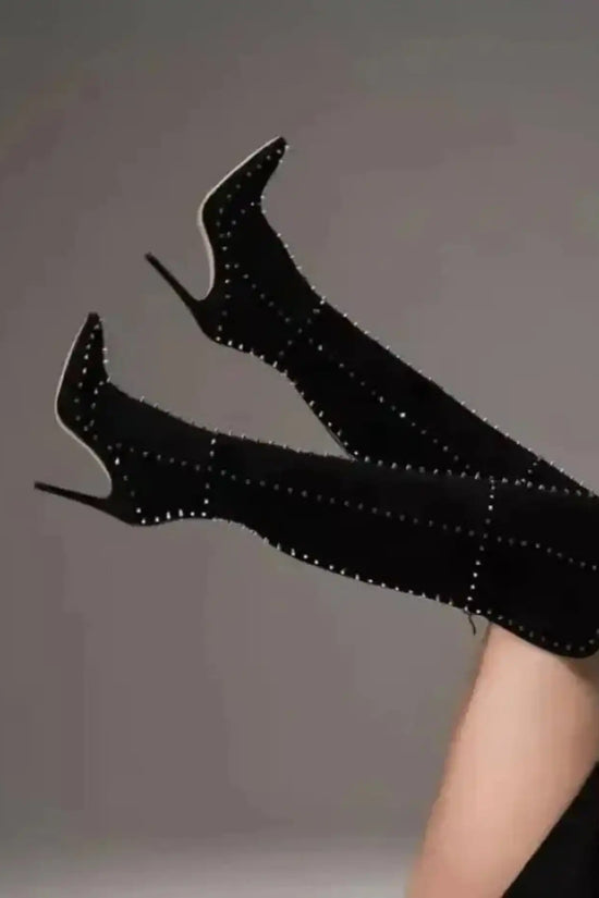 Suede High Heel Rivets Over the Knee Boots - Fashionfitz