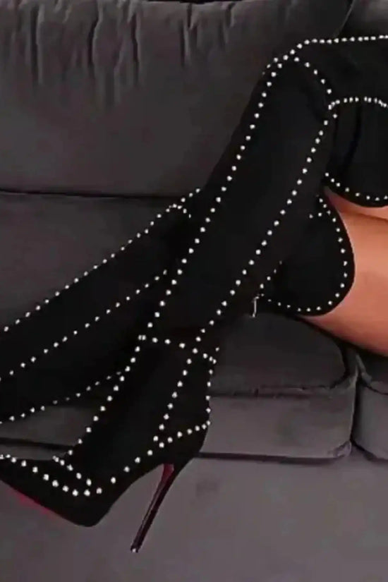 Suede High Heel Rivets Over the Knee Boots - Fashionfitz