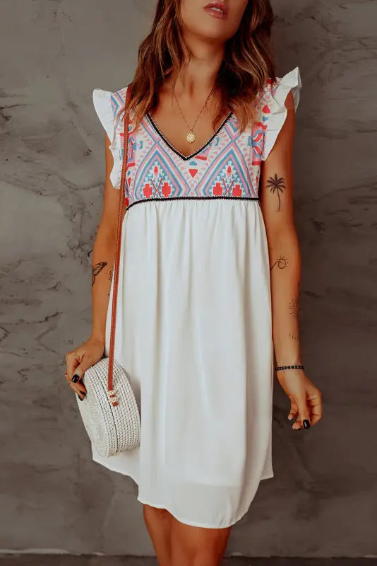 Summer beach floral sleeveless v neck mini dress - white / xl / 95% polyester + 5% spandex - dresses