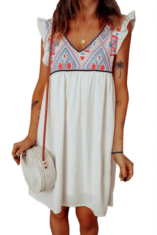 Summer beach floral sleeveless v neck mini dress - white / xl / 95% polyester + 5% spandex - dresses