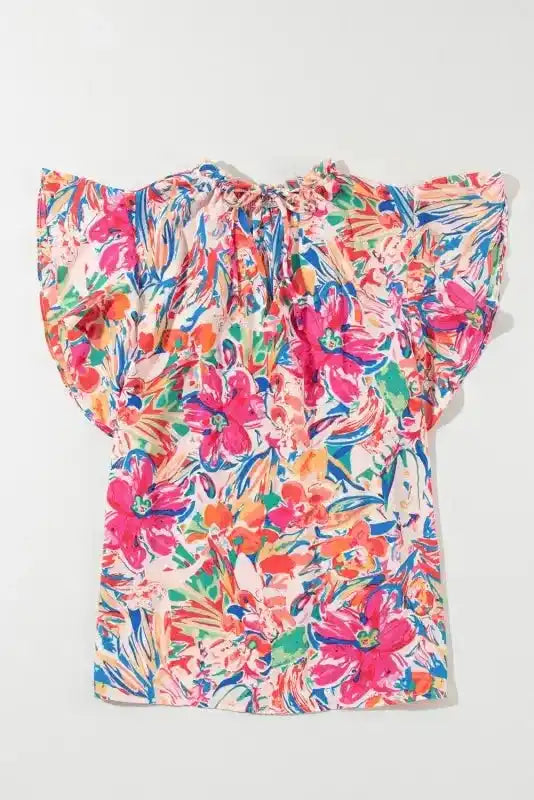 Close-up of Floral Ruffled Sleeve V-Neck Blouse showing ruffled cap sleeve detail and vibrant multicolour floral print — Fashionfitz