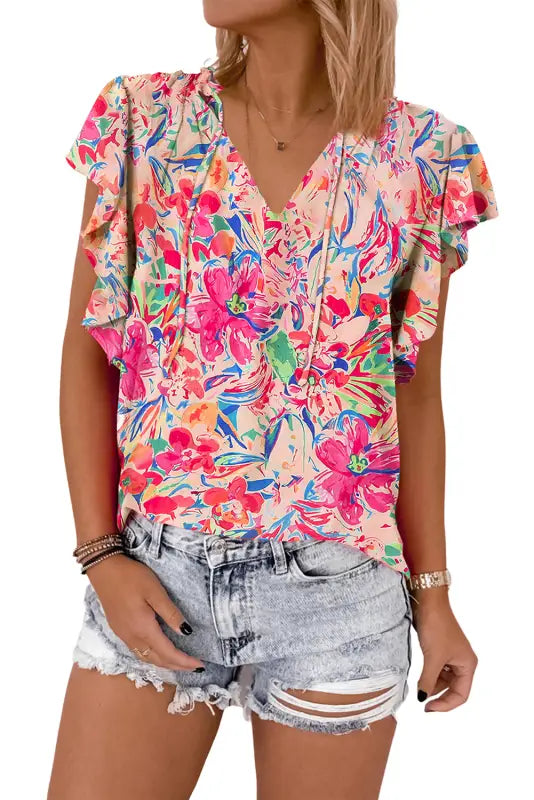 Summer blouse - floral ruffled sleeve v neck - blouses