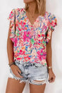 Floral Ruffled Sleeve V-Neck Summer Blouse Women UK — front view showing vibrant multicolour floral print and ruffled cap sleeves — Fashionfitz