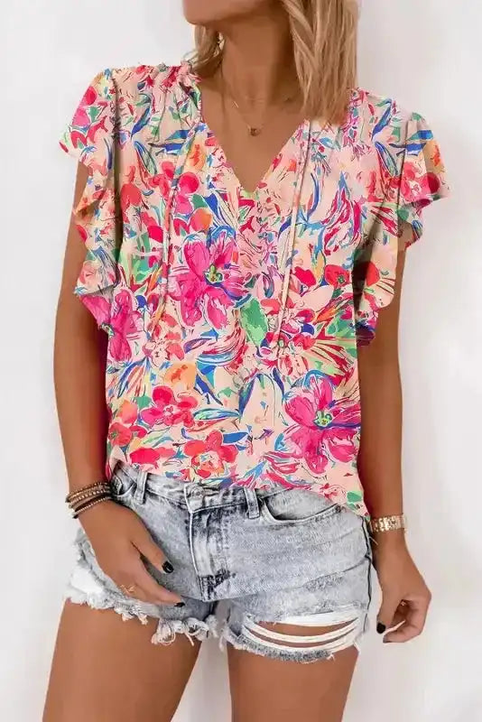 Floral Ruffled Sleeve V-Neck Summer Blouse Women UK — front view showing vibrant multicolour floral print and ruffled cap sleeves — Fashionfitz