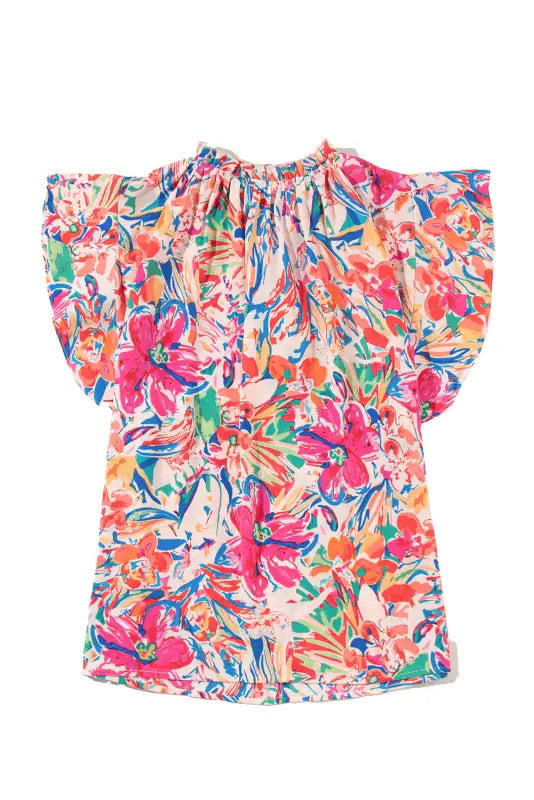 Summer blouse - floral ruffled sleeve v neck - blouses