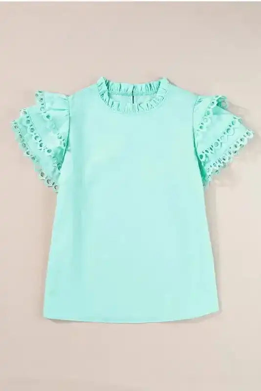 Close-up of Mint Green Layered Cap Sleeve Blouse showing delicate frilled neckline and layered tier detail — Fashionfitz
