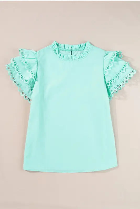 Summer blouse - mint green layered cap sleeve frilled neck - s / 80% polyester + 20% cotton - tops/blouses & shirts