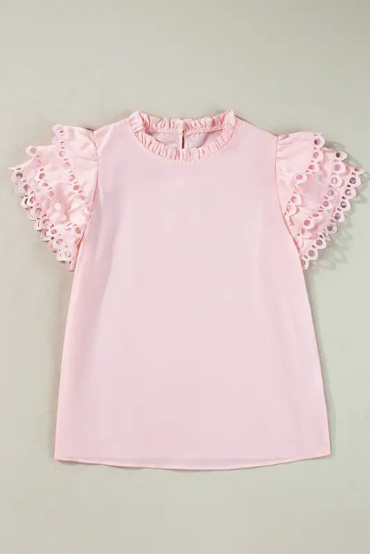 Summer blouse - mint green layered cap sleeve frilled neck - light pink / s / 80% polyester + 20% cotton - tops/blouses