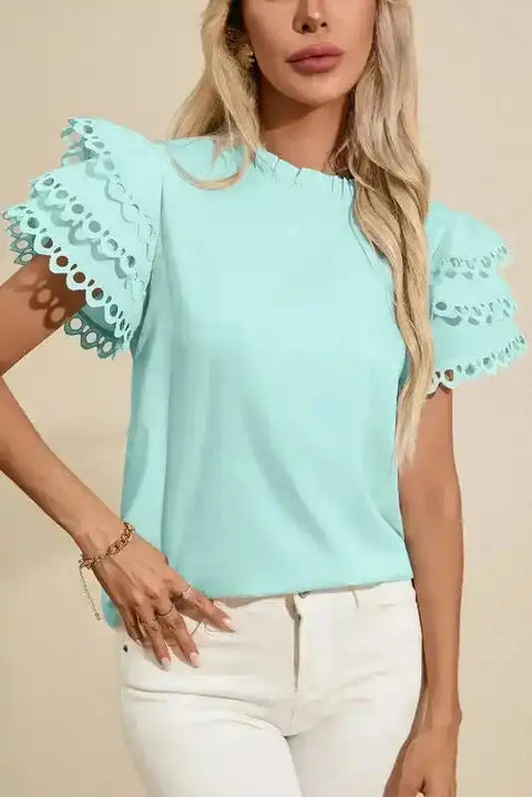 Mint green layered cap sleeve frilled neck blouse front view — Fashionfitz UK