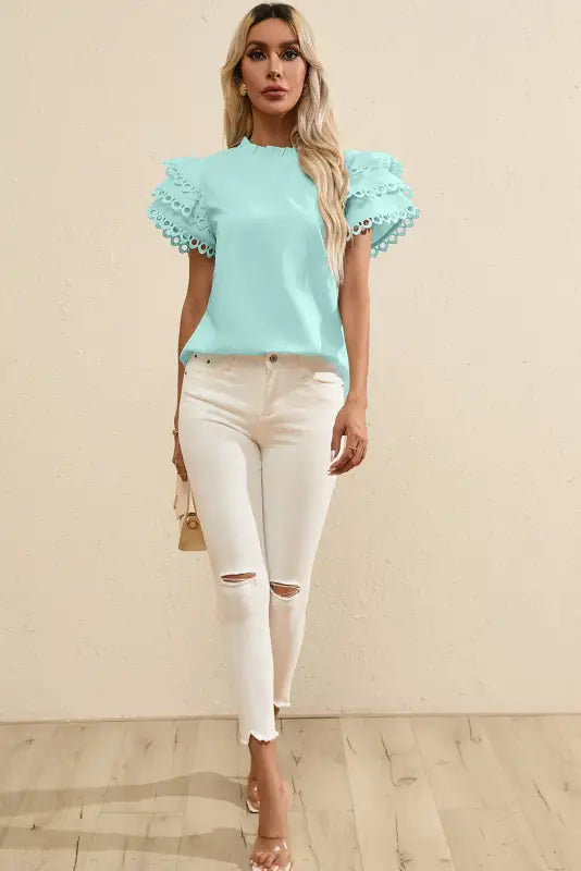 Summer blouse - mint green layered cap sleeve frilled neck - tops/blouses & shirts