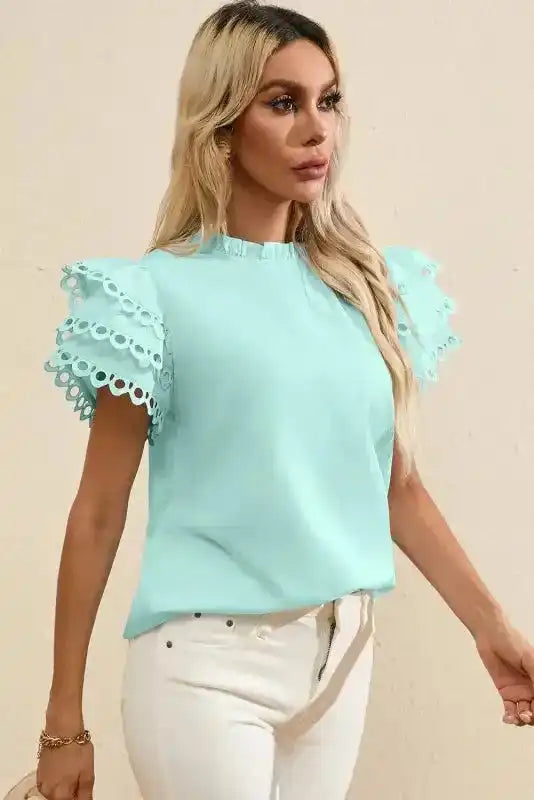 Summer Blouse - Mint Green Layered Cap Sleeve Frilled Neck - Fashionfitz