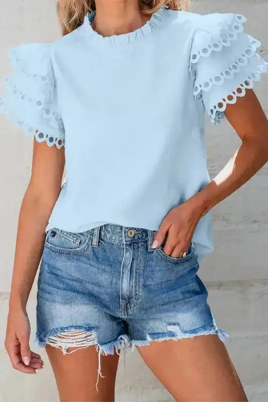 Fresh mint green Layered Cap Sleeve Frilled Neck Blouse styled as a summer feminine occasion outfit — Fashionfitz